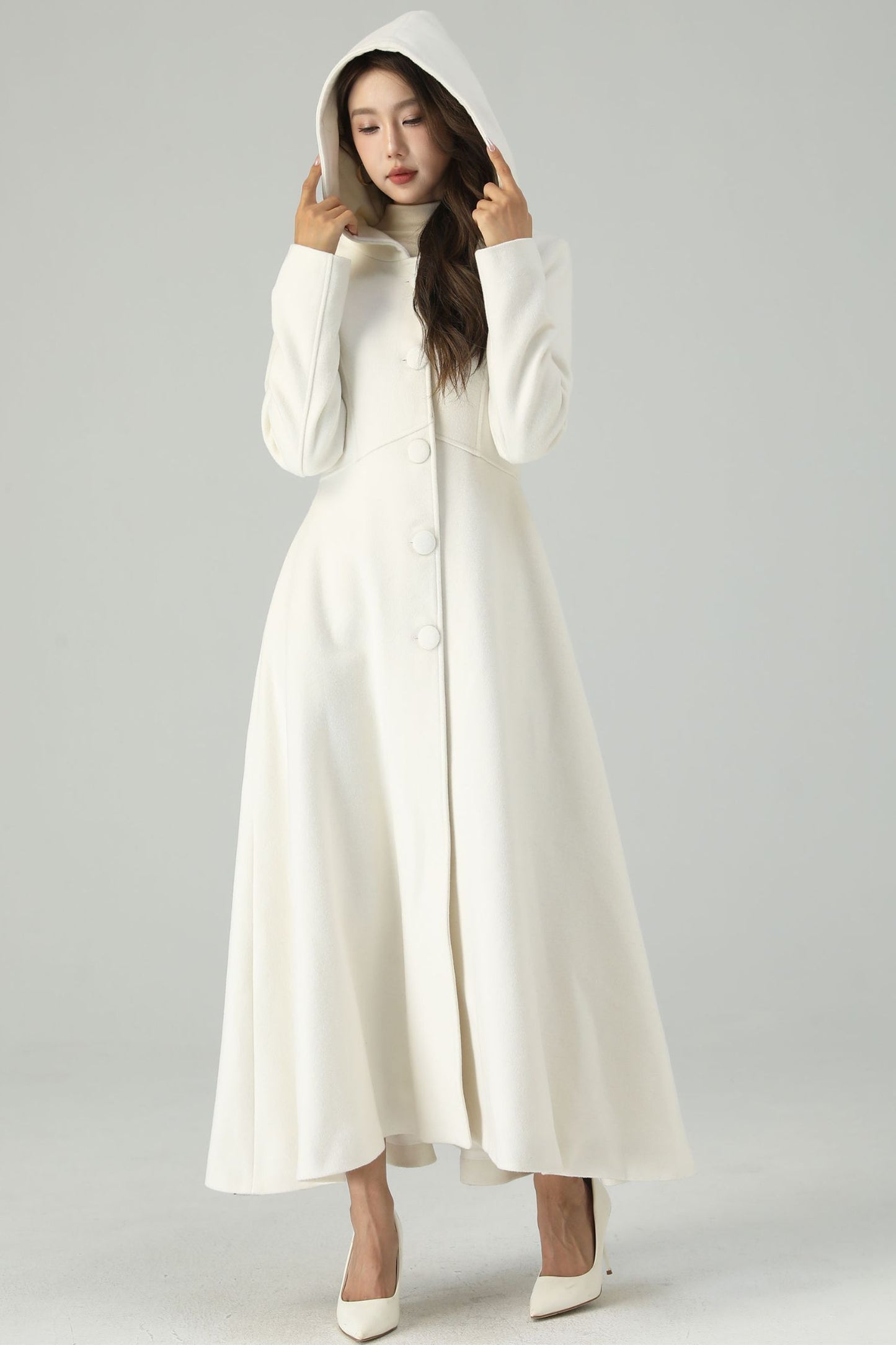 Hooded maxi white wedding wool coat 4519