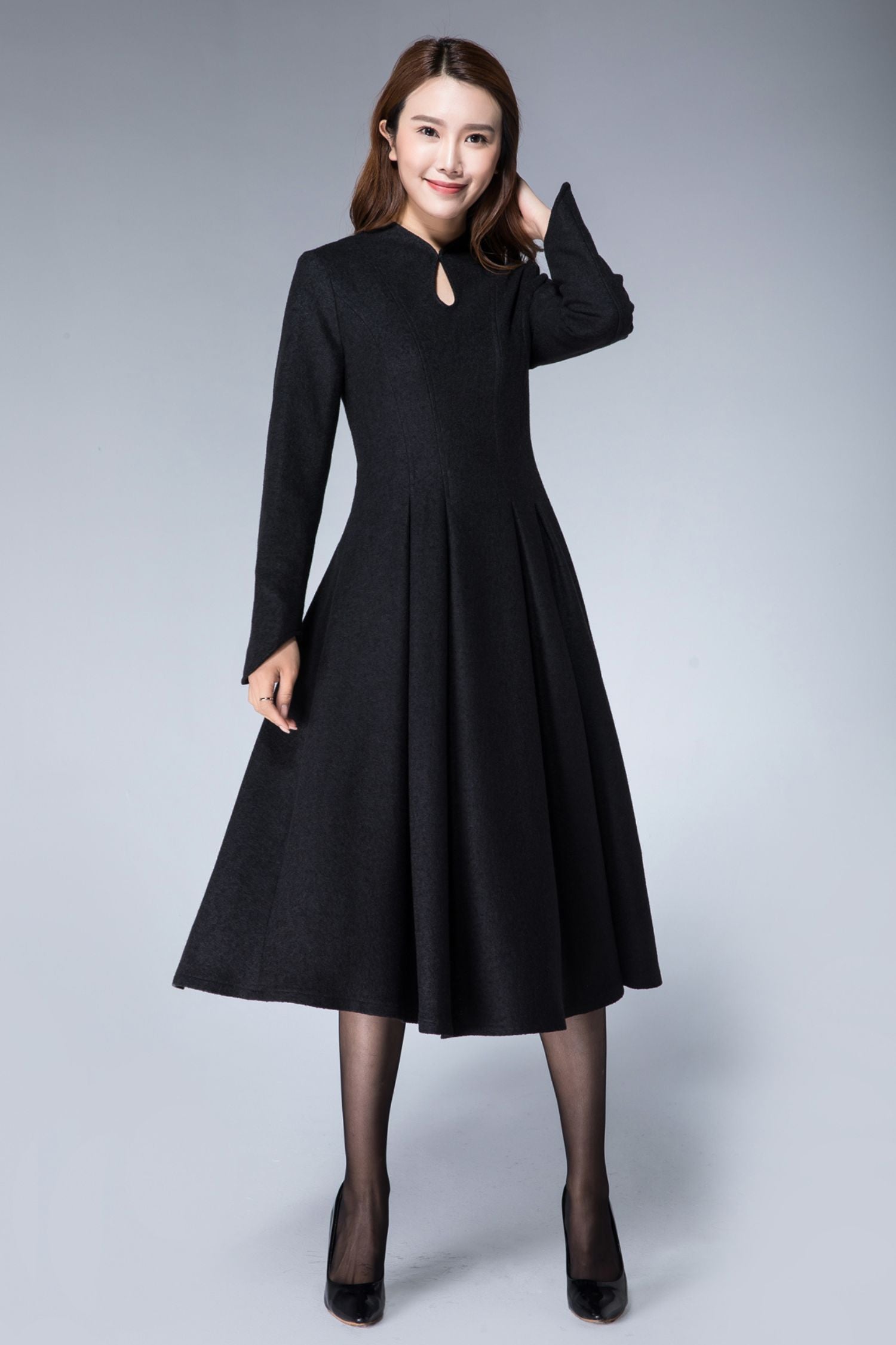 Handmade Women's Elegant Black Wool Midi Dress - Long Sleeve Winter A-Line Dress 1872 - Green / XS Handmade Women's Elegant Black Wool Midi Dress - Long Sleeve Winter A-Line Dress 1872 - Green / XS