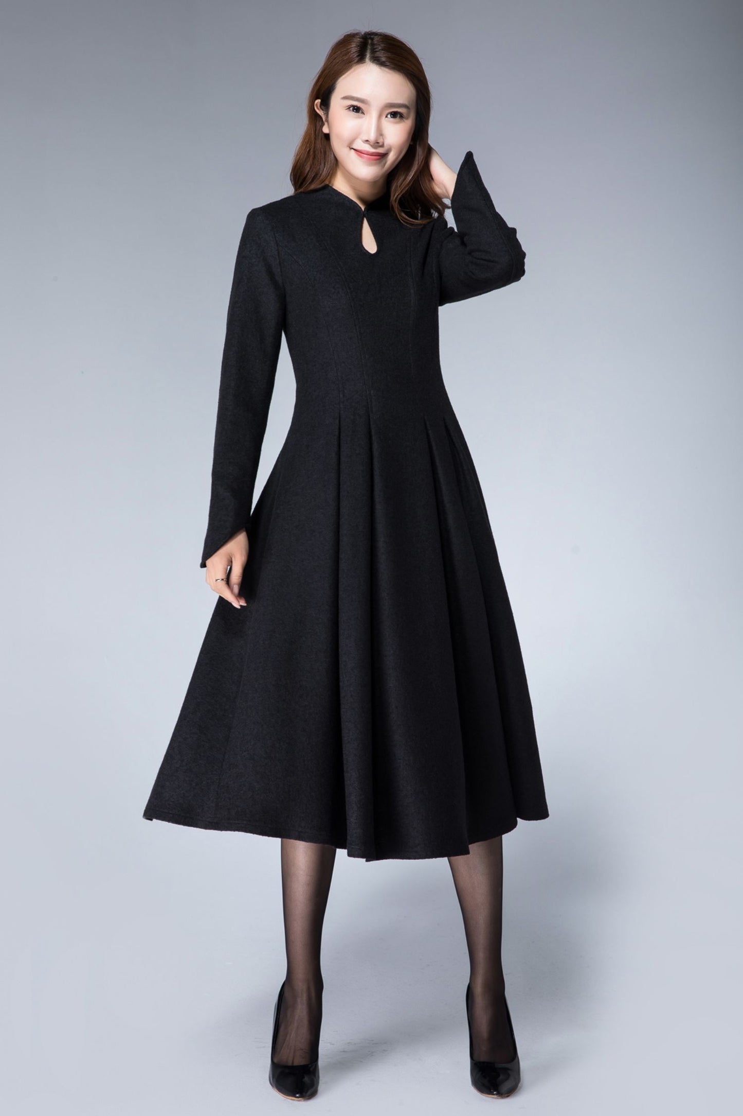 Mandarin collar black winter wool dress women 1872