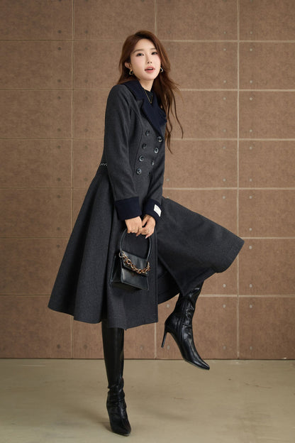 Charcoal Wool Fit and Flare Coat - Elegant Lapel Collar 5366