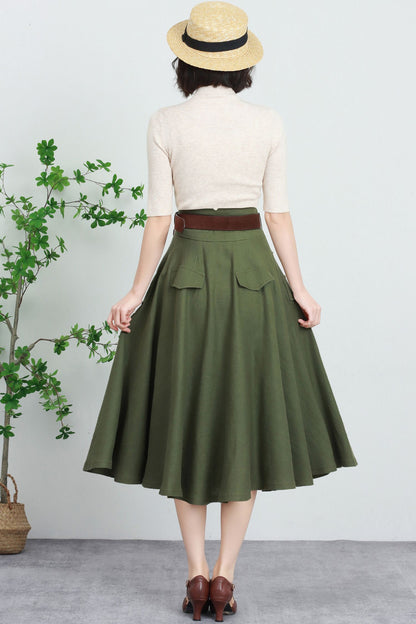 Army Green Linen Blend Midi Skirt - High-Waisted A-Line Swing 5729