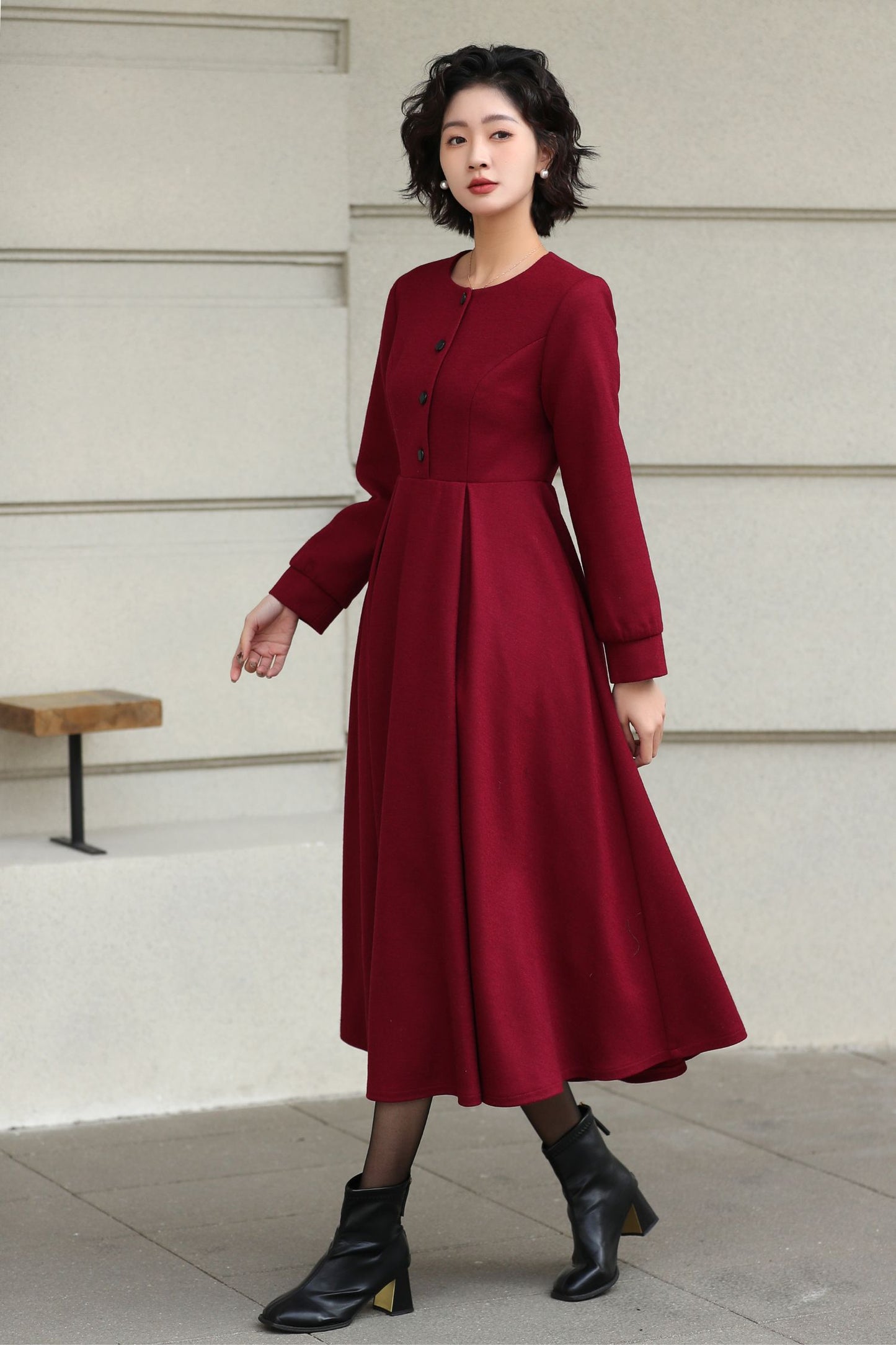 Handmade Vintage Wool Dress – Burgundy Fit and Flare Midi Dress for Winter 6612