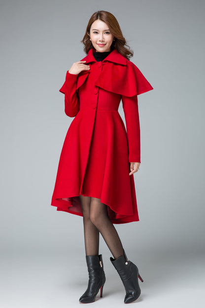 Handmade Red Wool Cape Coat – Vintage High-Low Winter Overcoat with Detachable Cape | Xiaolizi 1848