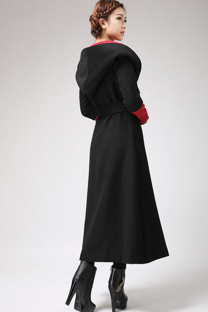 Black Wool Hooded Maxi Coat - Double Breasted Belt | Xiaolizi 700