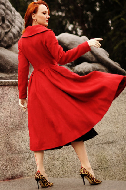 Elegant Red Wool Blend Coat – Handmade Fit & Flare Long Winter Coat | Xiaolizi 3189