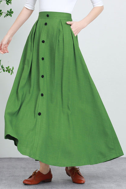 Green Cotton Linen Maxi Skirt - Button Down Pleated Design 5732