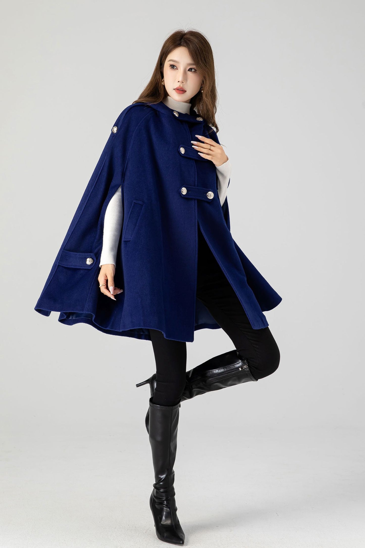 Women's Winter Blue Wool Hooded Wool Cape Coat 4601