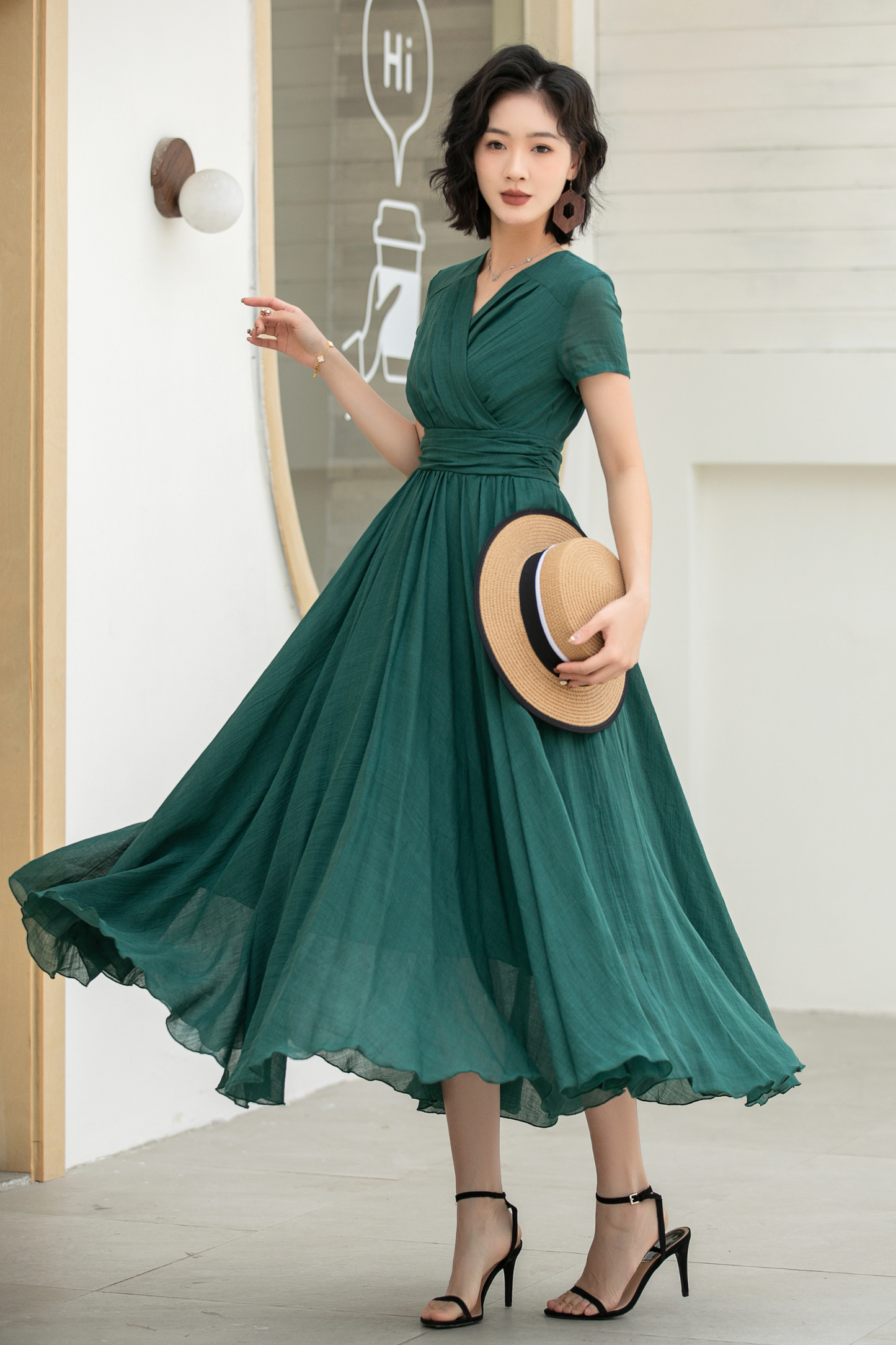 Green Maxi Pleated linen dress 5832