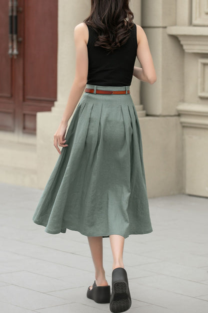 Green Linen Cotton Pleated Midi Skirt - A-Line Silhouette 4958
