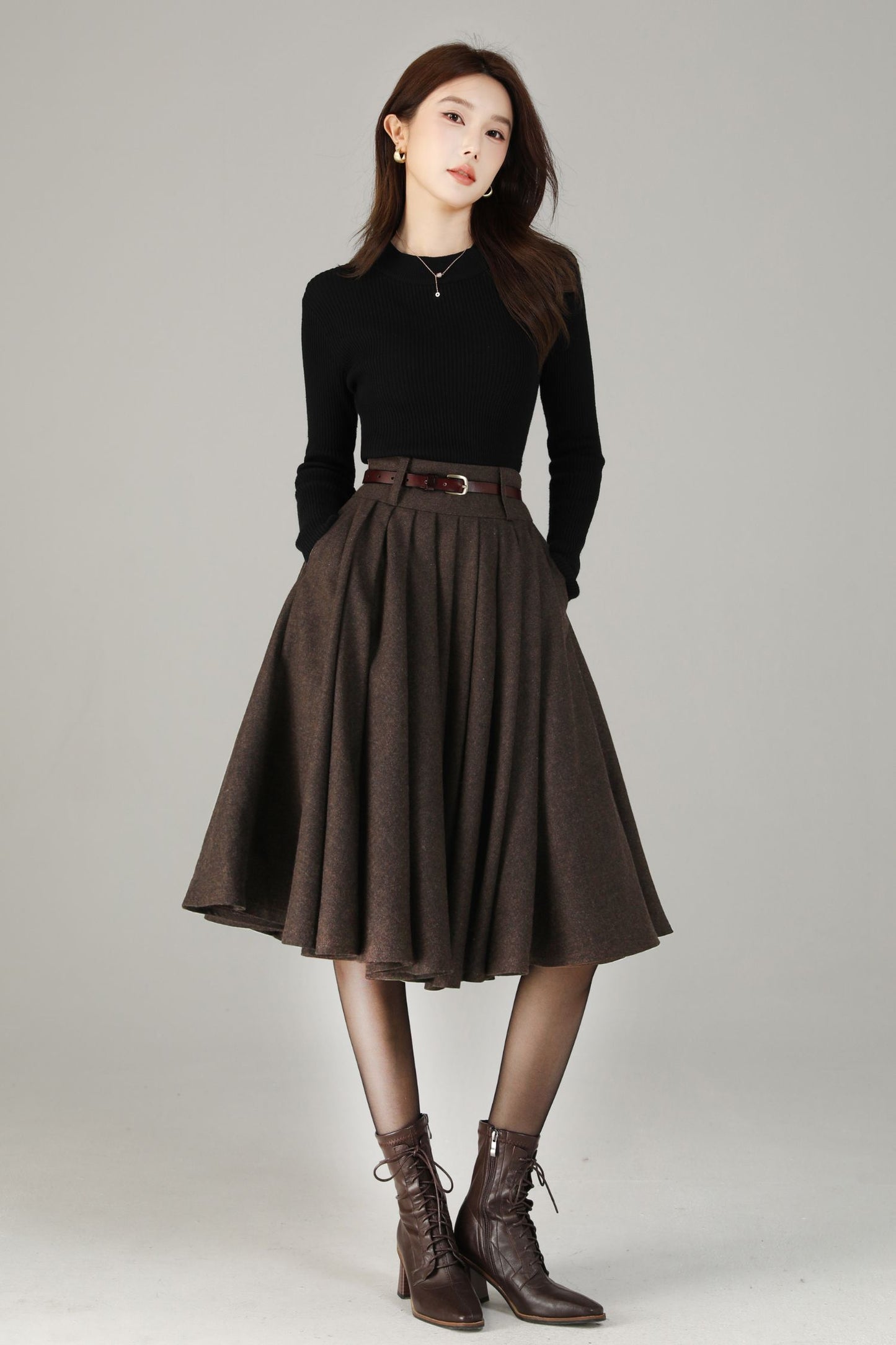Vintage Wool Blend Circle Skirt – Handmade Knee Length Winter Skirt with Pockets | Xiaolizi 6499
