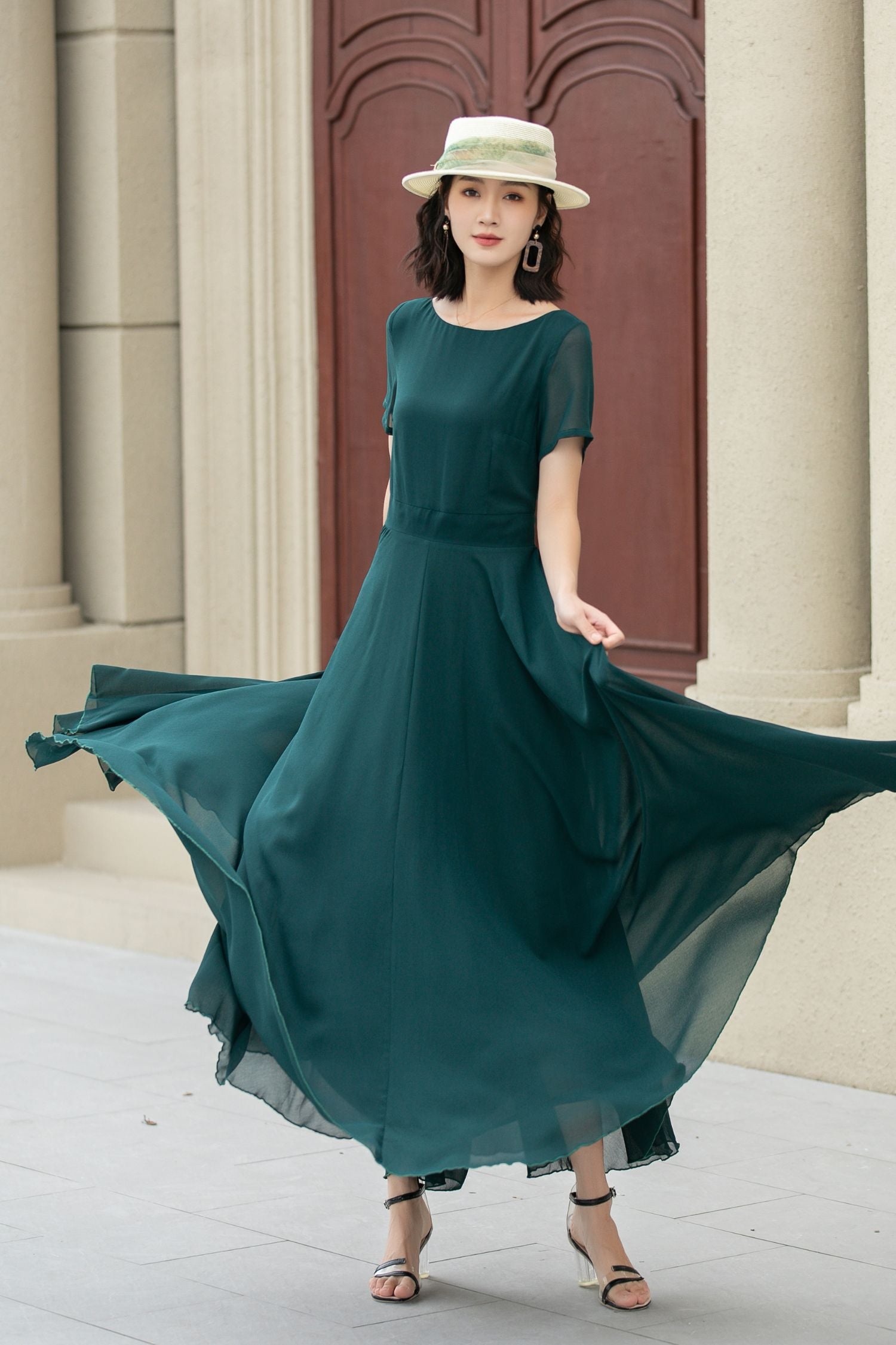 Chiffon Tea Green Color Dress Fit And Flare Green Summer Chiffon