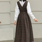 Brown Plaid Wool Midi Dress – Vintage Sleeveless Pinafore Swing Dress 6417