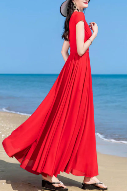 Blush Pink Chiffon Maxi Dress - V-Neck Swing Silhouette 5163