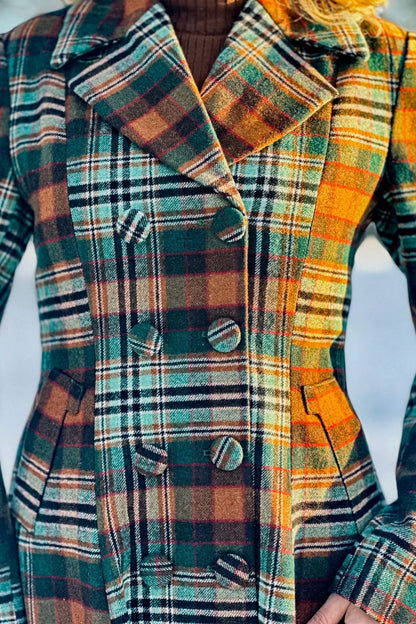 Autumn Forest Plaid Wool Coat – Vintage Fit and Flare Long Winter Overcoat 4807