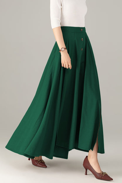 Green Linen Cotton Maxi Skirt - High-Waisted with Side Slit 5719