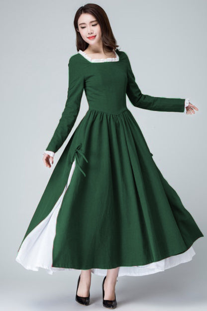 Xiaolizi Linen Maxi Dress – Vintage Green Fit and Flare Dress with chiffon hem 6317