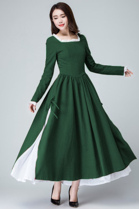 Xiaolizi Linen Maxi Dress – Vintage Green Fit and Flare Dress with chiffon hem 6317