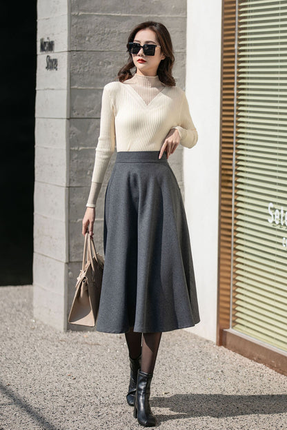 Gray Wool Midi Skirt - Flowy A-Line Winter Elegance 4130
