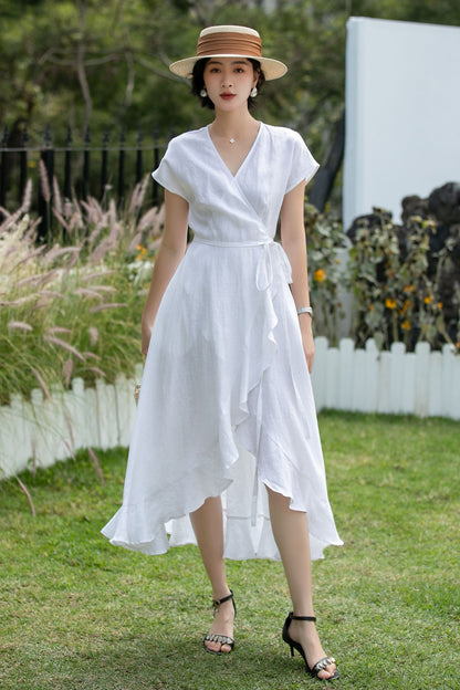 White Linen Wrap Dress - V-Neck Ruffle Hem | Xiaolizi 6743