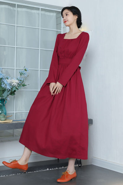 Wine Red Linen Dress - Vintage Fit & Flare with Square Neckline 3370