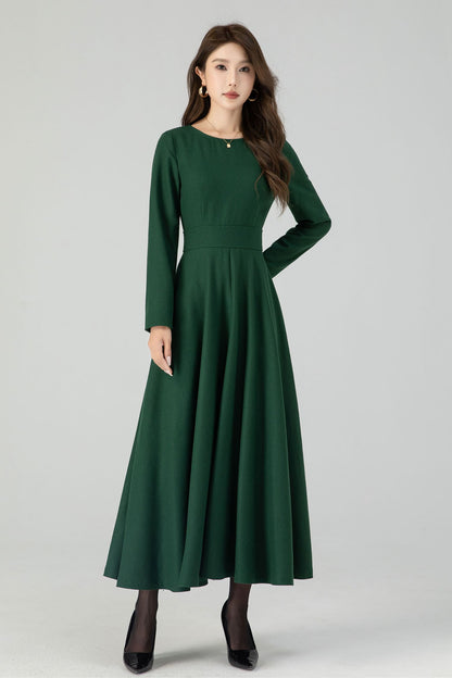 Green Wool Maxi Dress – Women’s Long Sleeve Fit and Flare Winter Dress 4551