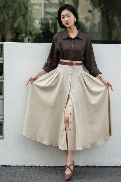 Beige Linen Midi Skirt – High Waist A-Line Button Front Skirt 6666