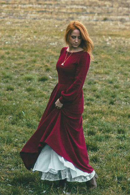 Long sleeves burgundy spring linen dress 5105