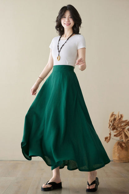 Green Linen Maxi Skirt with pockets 4974