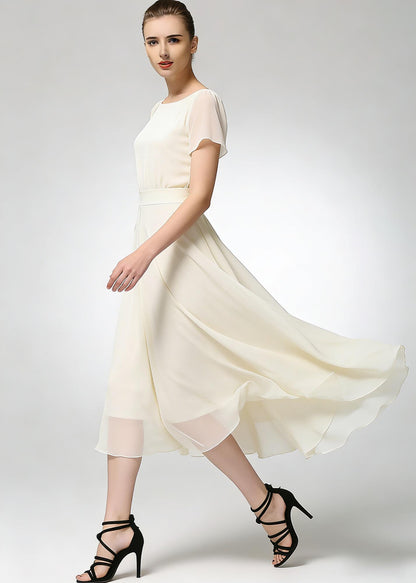 Beige Chiffon Midi Dress with Short Sleeves and Flowing Skirt | Xiaolizi 6782
