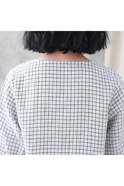 White Check Linen Blouse – Loose Fit 3/4 Sleeve Summer Top 3337