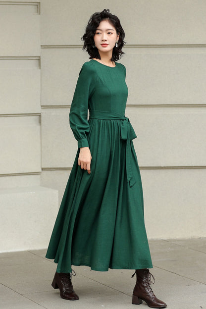 Green Linen Cotton Maxi Dress - Pleated Waist, Flowing A-Line Silhouette 6425