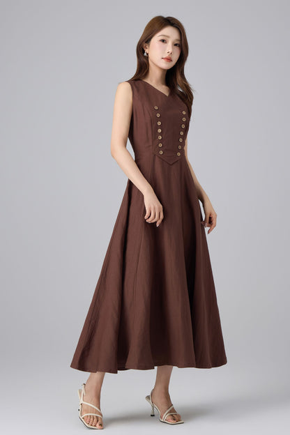 Brown Linen Cotton Pinafore Dress - V-Neck Maxi | Xiaolizi 6757