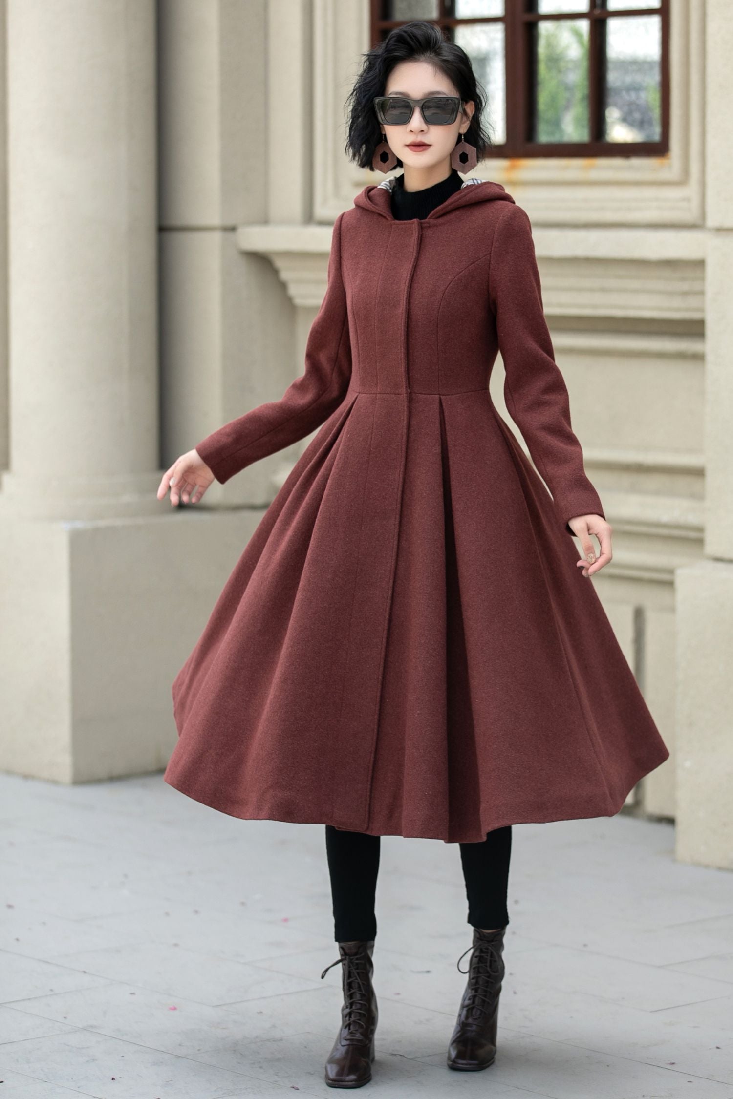 Hooded a line winter wool coat 5347 1-dark red / M Hooded a line winter wool coat 5347 1-dark red / M