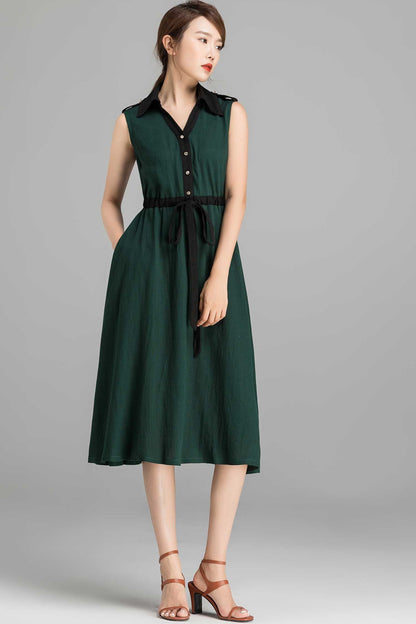 Green Linen Cotton Dress - Sleeveless Button-Down Midi | Xiaolizi 2362