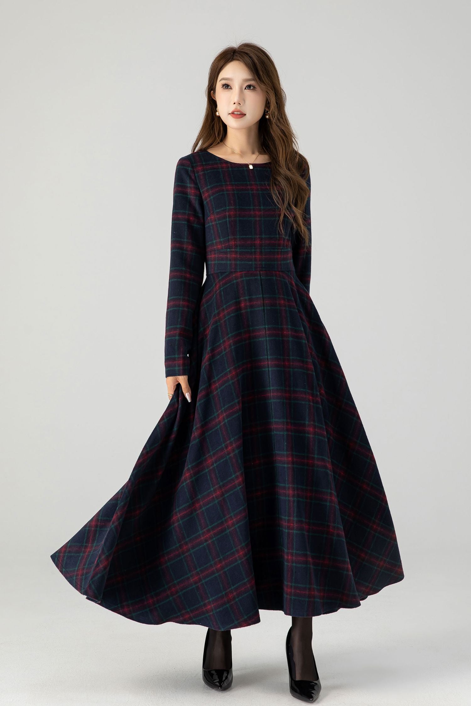 Navy Red Plaid Wool Maxi Dress – Handmade Long Sleeve