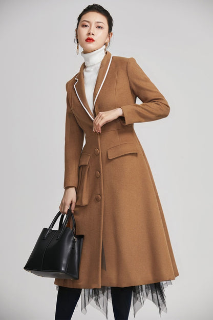Women's Brown Wool Coat - Midi Length Winter Coat with Lapel Collar 5613
