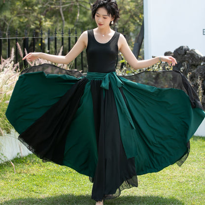 Black and Emerald Green Chiffon Maxi Skirt | Xiaolizi 6741