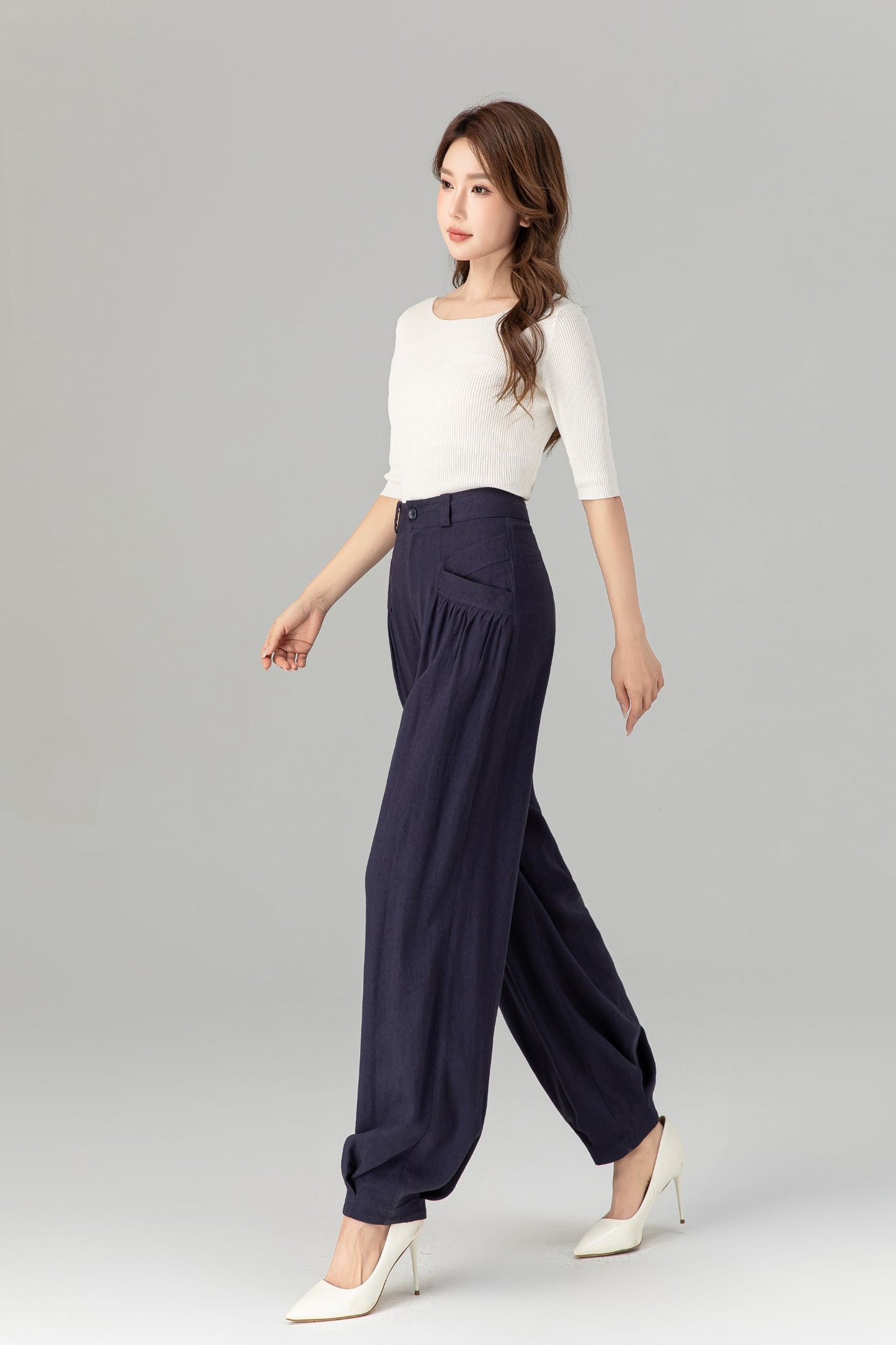 Navy loose fitting wide leg linen pants 4937