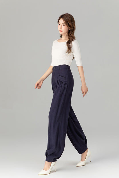Navy Linen Wide Leg Pants - Loose Fit with Lantern Silhouette 4937