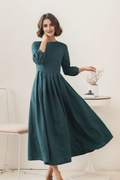 Dark Green Linen Maxi Dress - Flowy A-Line with Pleated Waist 5513
