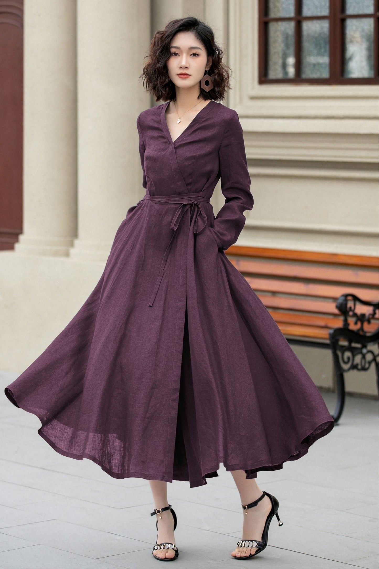 Purple Linen Wrap Dress – Handmade Long Sleeve Maxi for Women 6672