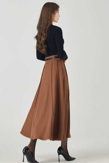 Handmade Wool Pleated Midi Skirt – High Waist Brown Winter Skirt | Xiaolizi 5250