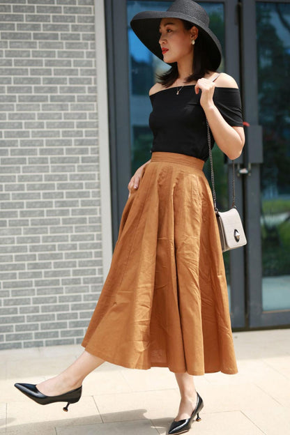 Handmade Camel Linen Midi Skirt – High Waist A-Line Flared Skirt | Xiaolizi 2194