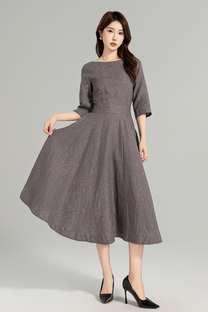 Taupe Grey Linen Swing Dress – Vintage Fit and Flare Midi Dress with Pockets 4961