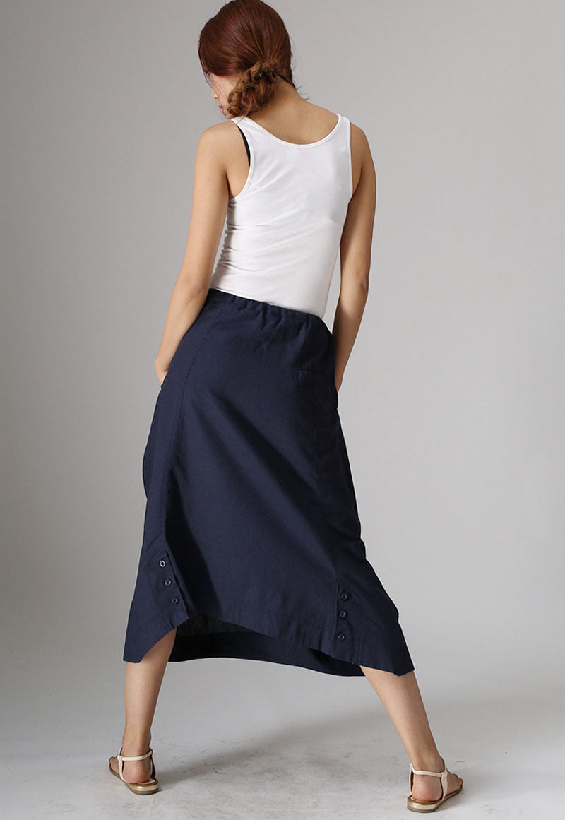 Handmade Linen Cotton Midi Skirt – Drawstring Waist with Big Pockets | Xiaolizi 0983