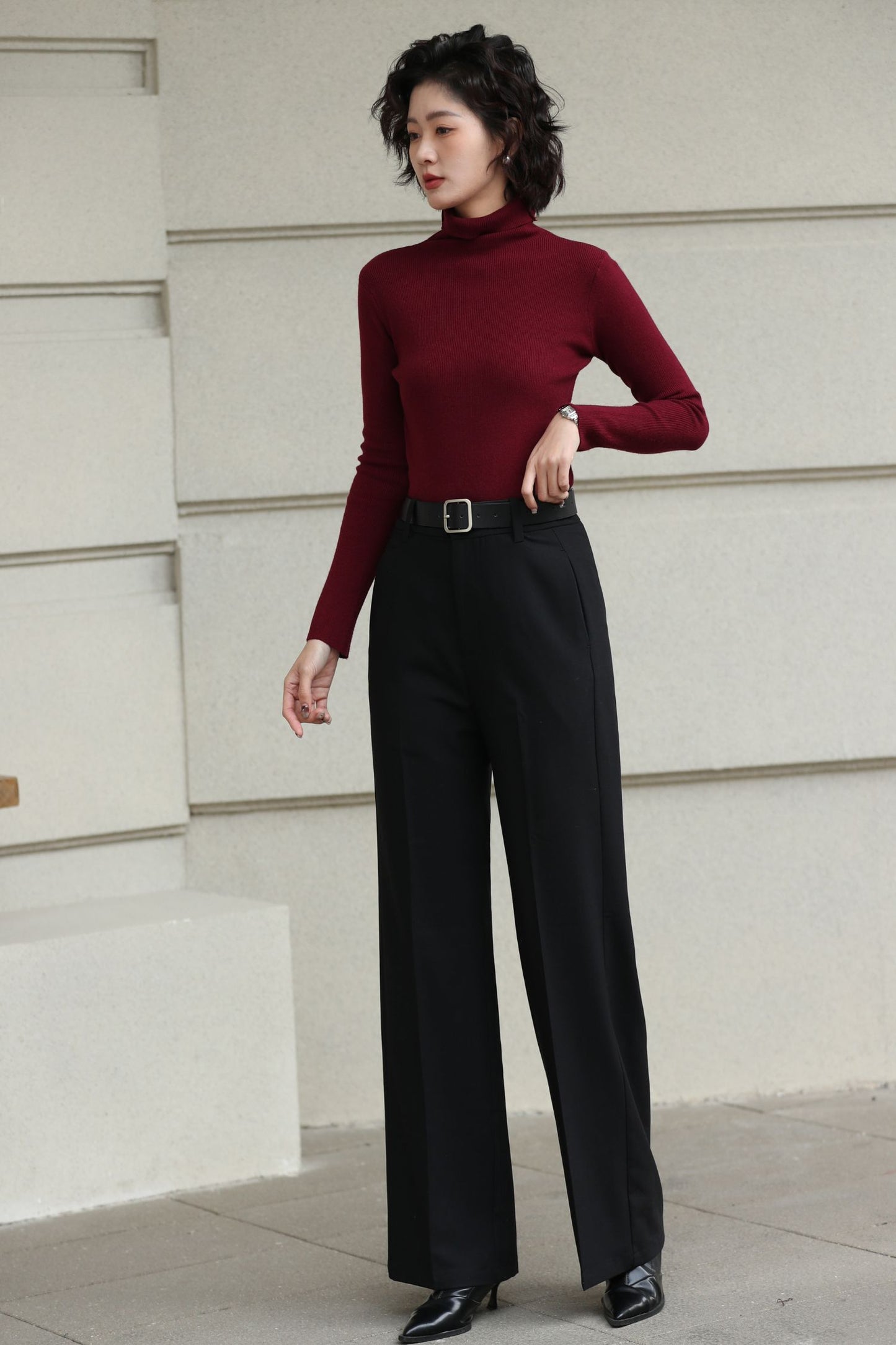 Handmade Vintage Wool Pants – Black High Waist Wide Leg Winter Trousers 6620