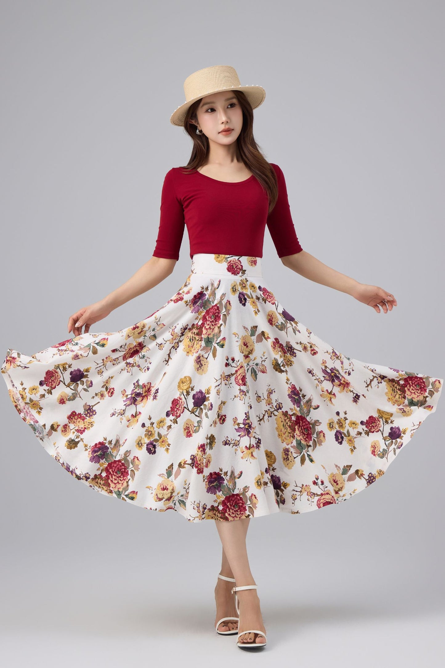 White Floral Cotton Linen Midi Skirt - High Waist, A-line Swing | Xiaolizi 6764