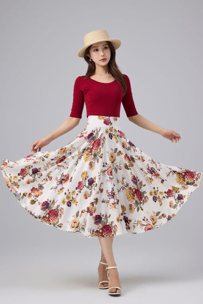 White Floral Cotton Linen Midi Skirt - High Waist, A-line Swing | Xiaolizi 6764