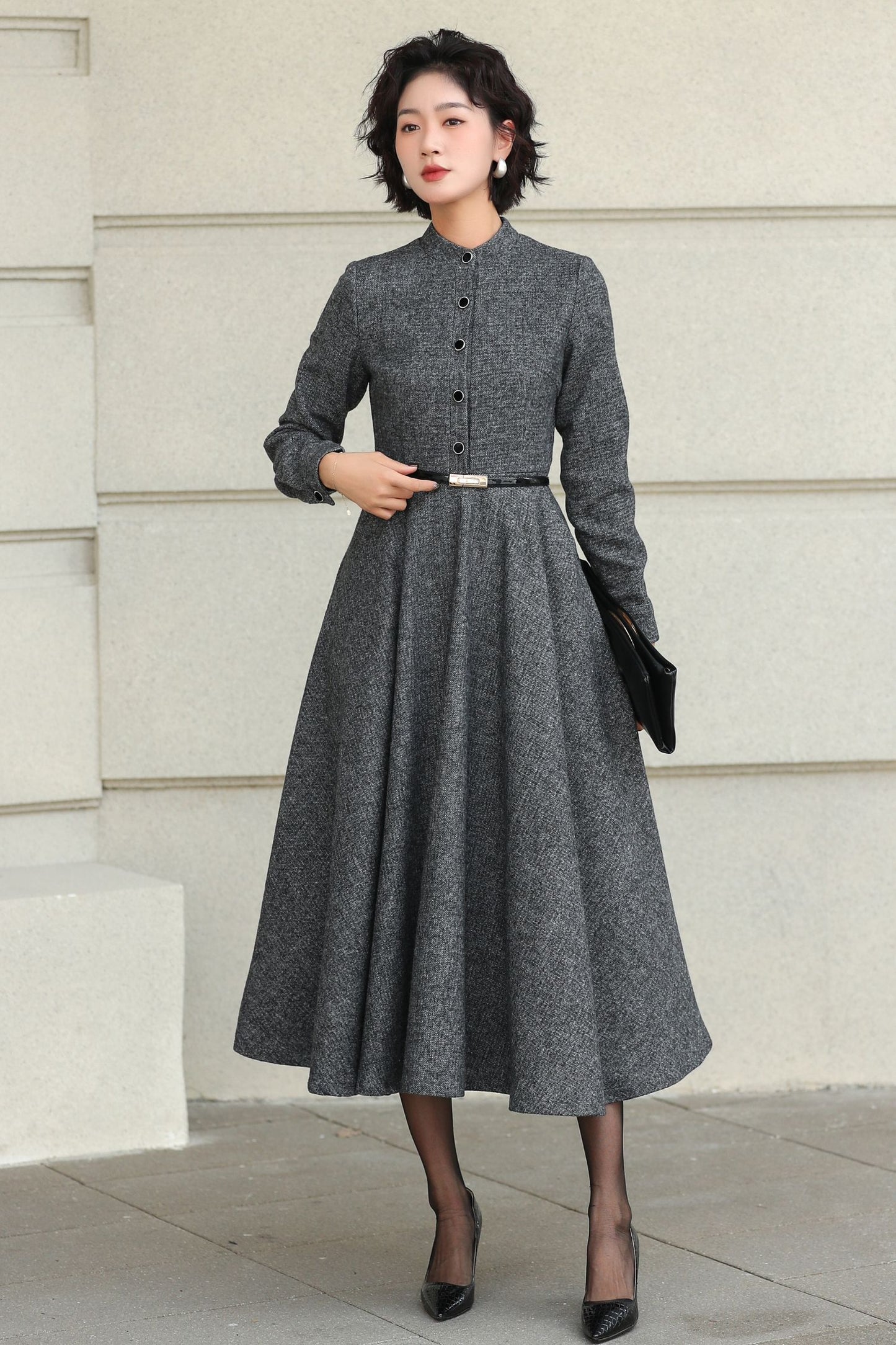 Wool A-Line Midi Gray Belted Vintage Style Dress 6508