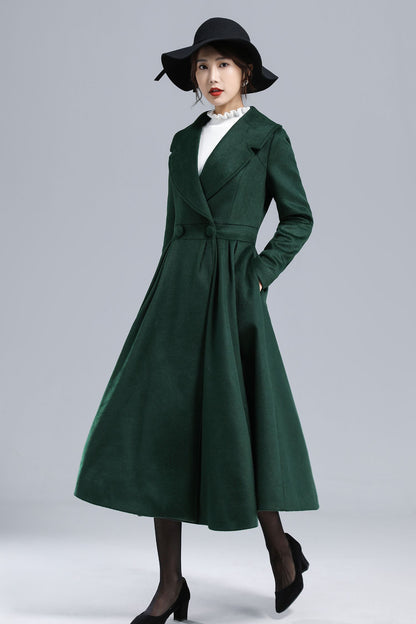 Vintage Princess Wool Coat – Handmade Dark Green Pleated Long Overcoat | Xiaolizi 3242